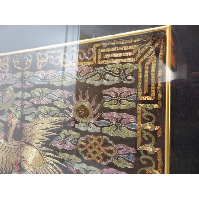 Antique Pair of Qing Dynasty Chinese Embroidered Silk Buzi Civil Rank Badges ~ Gold Frame For Sale In Seattle - Image 6 of 17
