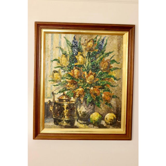 An exquisite oil painting on canvas by Danish artist Lars Draabye (born 1923), featuring a captivating flower still life....