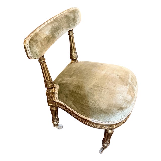 Vintage Hollywood Regency Neoclassical Vanity Chair / Slipper Chair in Sage Velvet With Giltwood Frame & Casters For Sale
