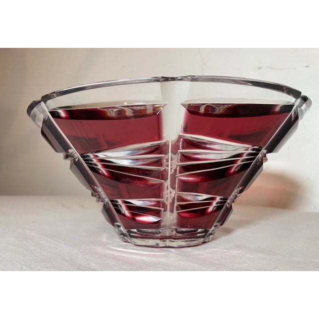Red Vintage Bohemian Czech Centerpiece Cranberry Red Cut to Clear Glass Crystal Bowl For Sale - Image 8 of 12