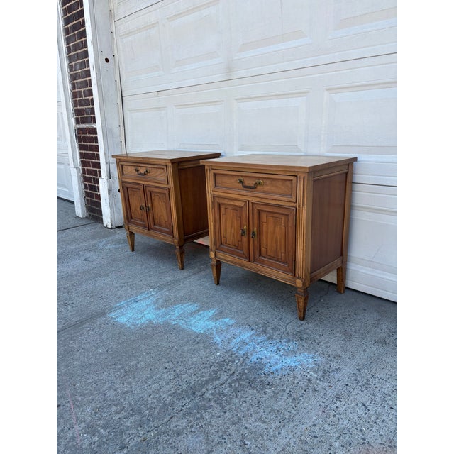 Traditional Vintage Nightstands | Pair Cherry Wood Bedside Tables | Traditional Side Tables | Storage Cabinet End Tables For Sale - Image 3 of 12