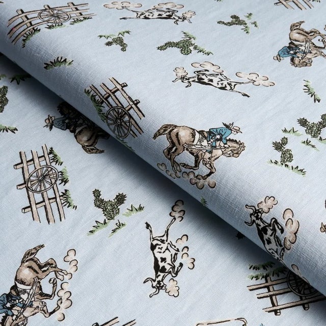 Schumacher Sample - Schumacher x Marie-Chantal Wild West Performance Linen Fabric in Blue For Sale - Image 4 of 4