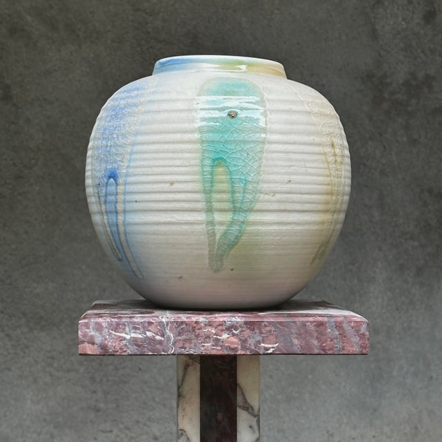 Vintage Japanese Ceramic Vase with Muted Multicolor Crackle Glaze Drip Detail, Signed. Handmade ribbed white ceramic vase...