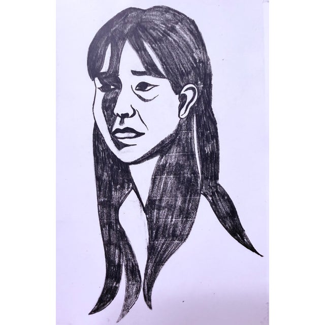 Mustard Vintage Original Numbered Woodprint Portrait of Girl With Long Hair on Japanese Rice, #1 of 10 For Sale - Image 8 of 8