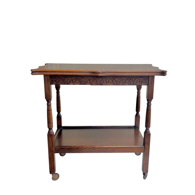 English Antique English Country House Style Oak Flip Top Game Table Bar Cart Carved Frieze For Sale - Image 3 of 18
