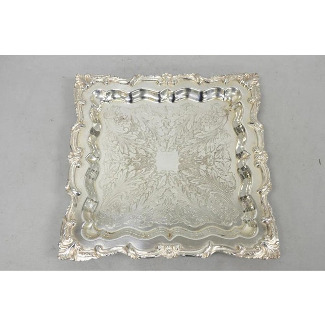 Vintage English Silver Mfg. Silver Plated Ornate Square Bar Serving Platter Tray For Sale - Image 13 of 14