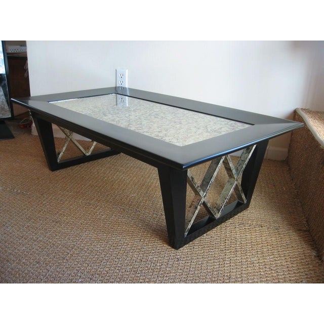Mid-Century Modern Vintage Black Satin X Frame Cocktail Table With New Eglomise Mirrored Top, 1950's For Sale - Image 3 of 9