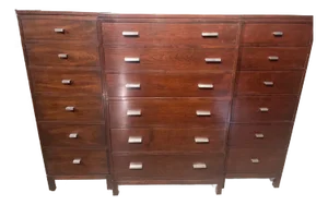 Stickley Metropolitan Chest of Drawers With Two Side Chests Featuring Chrome Pulls. The Two Side Chests Are Recessed From the Main Chest of Drawers.