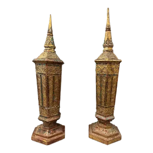A Pair of Late 19th Century Thai Gilded Urns With Inlaid Glass and Carved Floral Detail