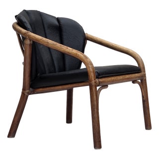 Danish Armchair in Rattan and Black Leatherette, 1970s For Sale