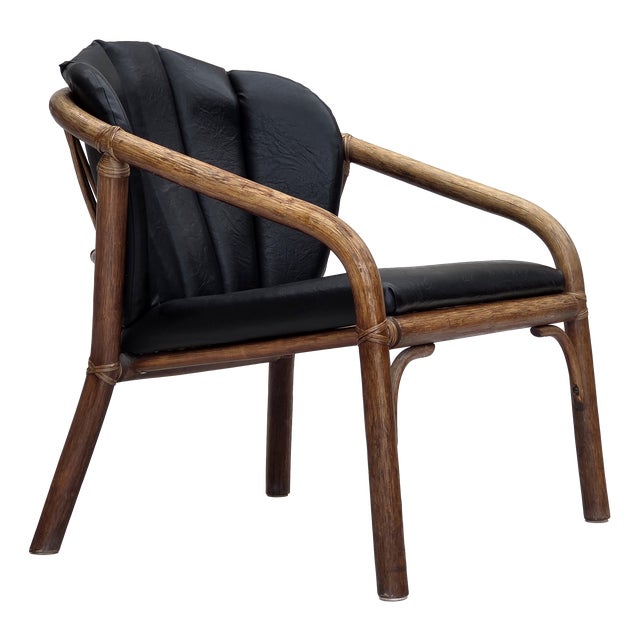 Danish Armchair in Rattan and Black Leatherette, 1970s For Sale