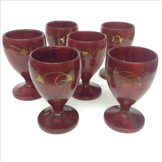 Danish Modern Hand Turned Rose Wood Stemmed Cordials with inlaid metal trailings. Set of 6.