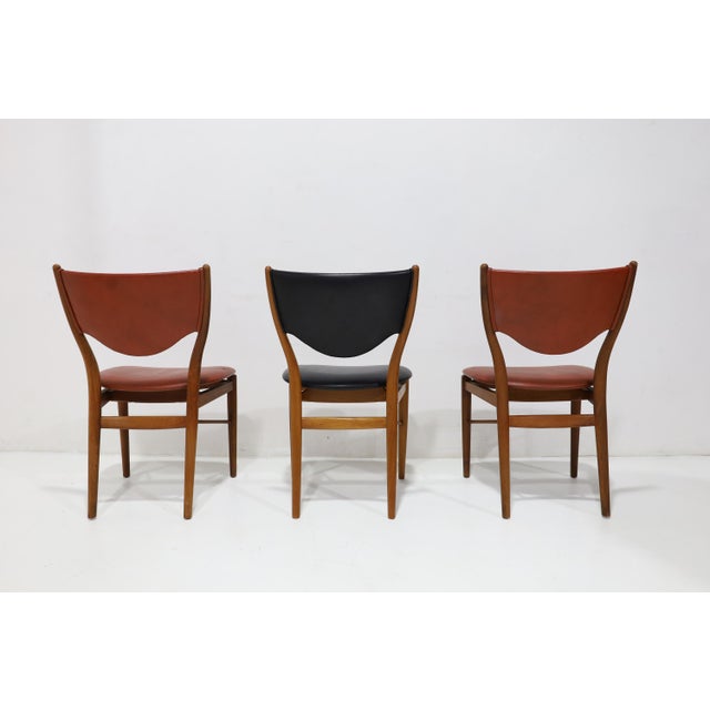 We have three rare Finn Juhl for Bovirke (Copenhagen, Denmark) BO 63 dining chairs, in teak with original upholstery, two...