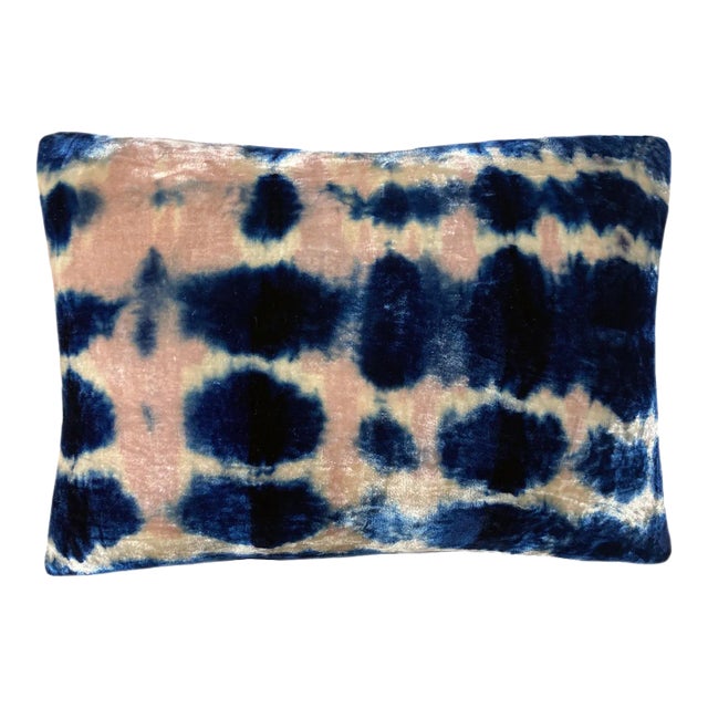 Rousseau Hand Dyed Silk Velvet Pillow, Rose Pink & Indigo Blue Inkblot Abstract Pattern For Sale