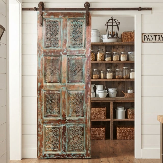 Antique Blue Carved Reclaimed Wood Barn Door – Vintage Architectural Accent 96x36 For Sale - Image 10 of 10