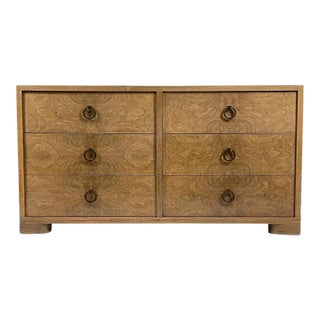 1950s Burled Blonde Mahogany Midcentury 6 Drawer Ring Pull Dresser Red Lion Furniture For Sale
