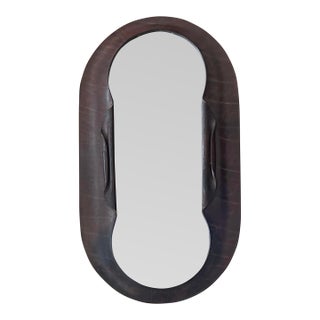 Oval Leather Covered Artist Made Wall Mirror - Marked Antal Ottó For Sale