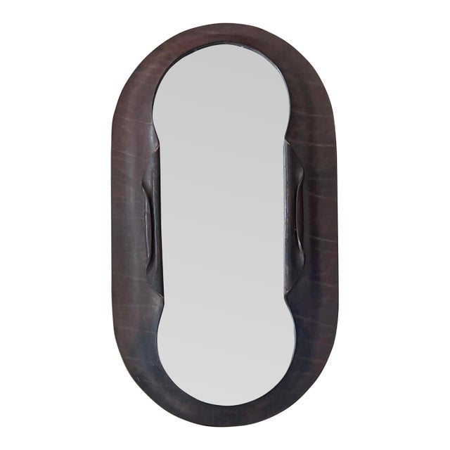 Oval Leather Covered Artist Made Wall Mirror - Marked Antal Ottó For Sale