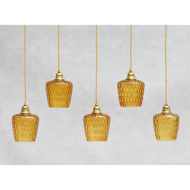 Gold Mid-Century Modern French Amber Bubble Glass Pendant Lights, 1960s, Set of 5 For Sale - Image 8 of 8