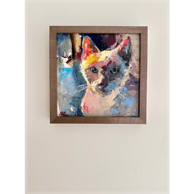 Abstract Bluepoint by Jessica Cook | Oil on Canvas Mounted on Panel Cat Portrait For Sale - Image 3 of 4