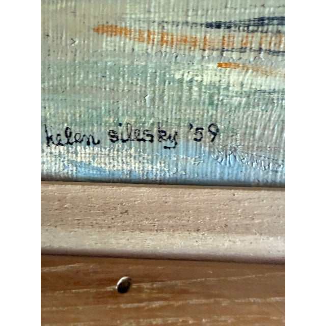Jade Vintage Boat Harbor Marina Painting Helen Silesky 1959 For Sale - Image 8 of 12