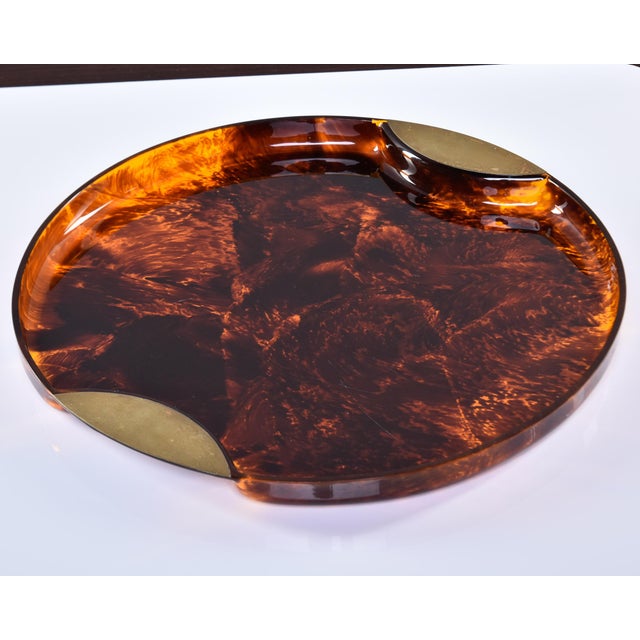 Metal Vintage Italian Round Faux Tortoise Tray With Brass Trim For Sale - Image 7 of 7