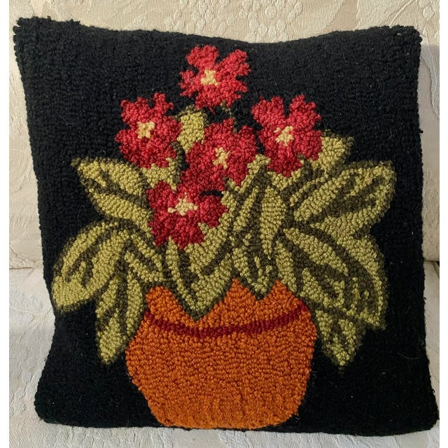 Black Vintage Mid Century Hand Hooked Flowers in Pot Pillow For Sale - Image 8 of 8