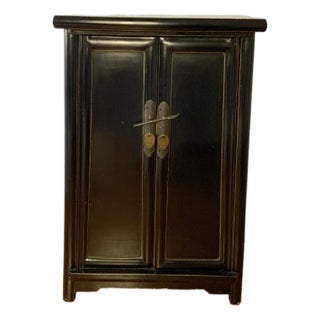 Antique Chinese Ming Style Two-Door Small Black Lacquered Cupboard Cabinet For Sale
