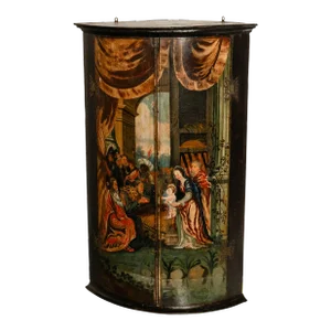Antique Flemish Painted Polychrome Corner Cabinet Christ Nativity Magi 1760