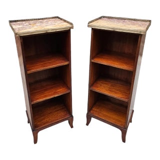Antique Pair of 19th Century Slender French Directoire Style Mahogany Marble Topped Diminutive Open Bookcases For Sale
