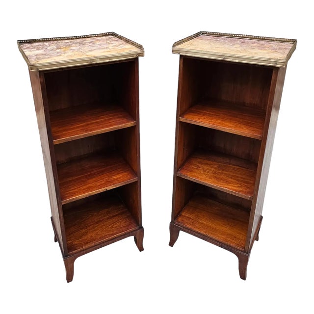 Antique Pair of 19th Century Slender French Directoire Style Mahogany Marble Topped Diminutive Open Bookcases For Sale