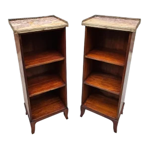 Pair of 19th Century Slender French Directoire Style Mahogany Marble Topped Diminutive Open Bookcases