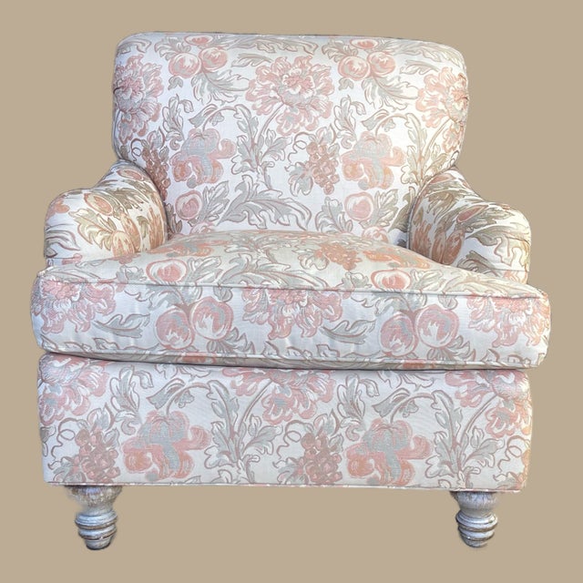 Lounge Chair by Hickory Craft Chair With Orange and Creme Color Damask Fabric For Sale - Image 17 of 18