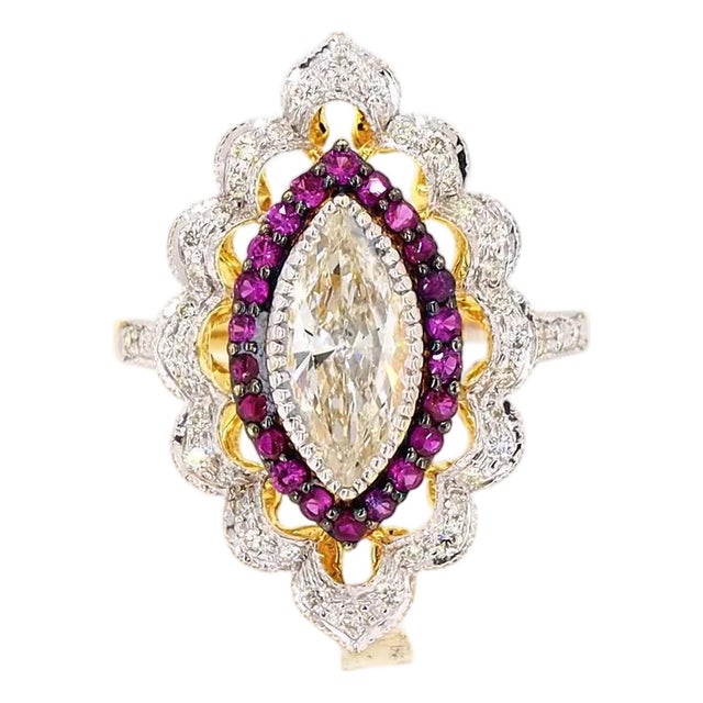1.02 Carat Marquise Cut Diamond Ruby Gold Ring, Size 6.5 For Sale