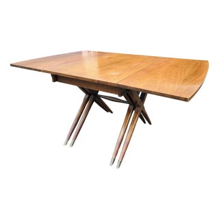 Mid-Century Modern Craddock Drop-Leaf Dining Table – Walnut Top, Sculptural Double X Base, Expandable Space-Saving Design For Sale