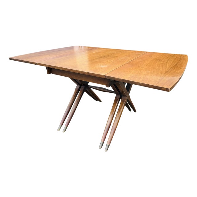 Mid-Century Modern Craddock Drop-Leaf Dining Table – Walnut Top, Sculptural Double X Base, Expandable Space-Saving Design For Sale