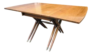 Mid-Century Modern Craddock Drop-Leaf Dining Table – Walnut Top, Sculptural Double X Base, Expandable Space-Saving Design