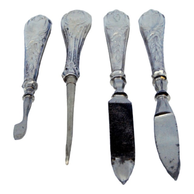 Manicure Set with Embossed Silver Handles, Set of 4 For Sale
