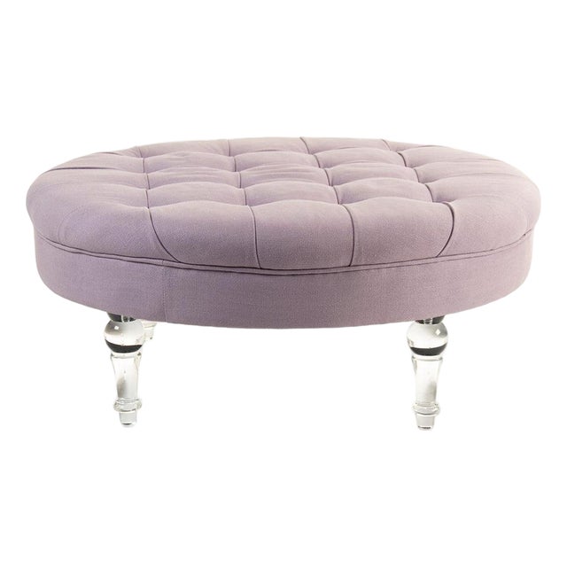 Adalene Lilac Linen Tufted Round Ottoman with Acyrlic Legs For Sale