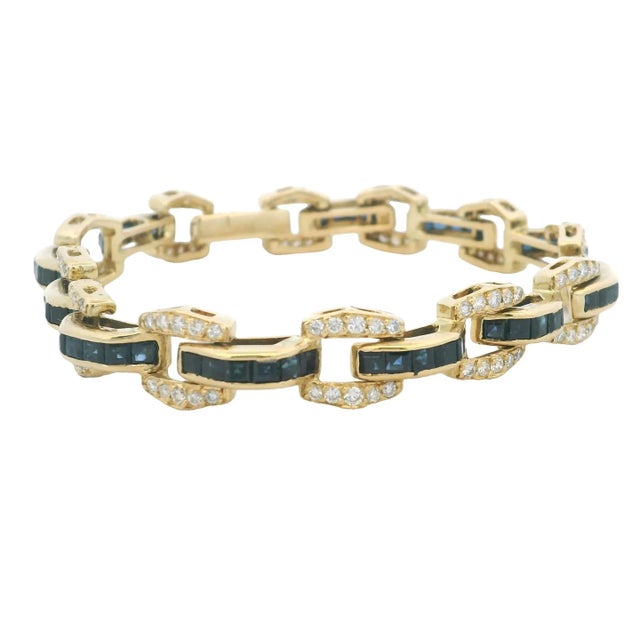 1980s Vintage 18K Gold Bracelet with Channel-Set Sapphires and Pavé Diamonds, 1980s For Sale - Image 5 of 12