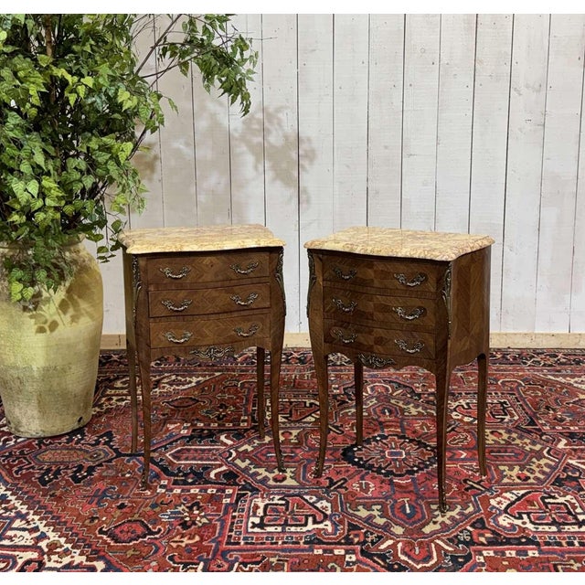 1960s Louis XV Style Bedside Tables in Rosewood and Oak with Marble Tops, 1960s, Set of 2 For Sale - Image 5 of 12