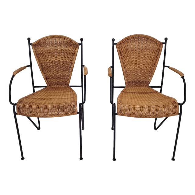 Wicker and Iron Armchairs from Frederic Weinberg, USA, 1950s, Set of 2 For Sale
