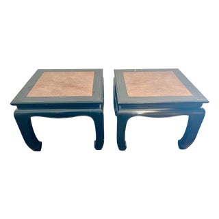 Vintage Century Furniture Asian-Inspired Black Lacquer & Burl Wood End Tables - A Pair For Sale