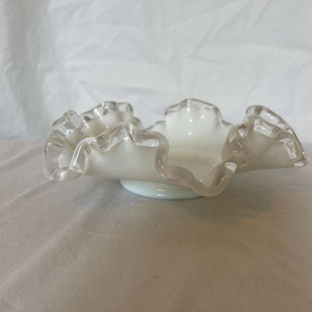 Mid-Century Modern 1960s Fenton Crystal Silver Crest Milk Glass, Double Ruffled Scalloped Rim Bowl For Sale - Image 3 of 10