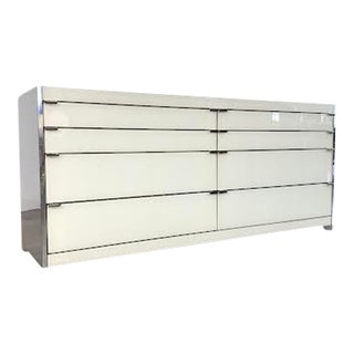 1970s Post Modern Ivory Glass and Mirrored Stainless Steel Low 8 Drawer Dresser by O. B. Solie For Sale