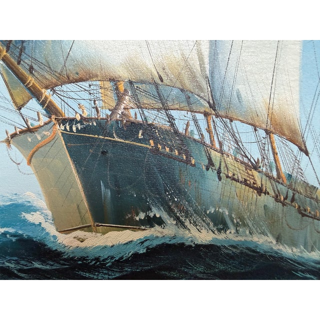Sky Blue Large Original Marine Oil Painting Tall Ship on Open Sea Nautical Seascape For Sale - Image 8 of 10