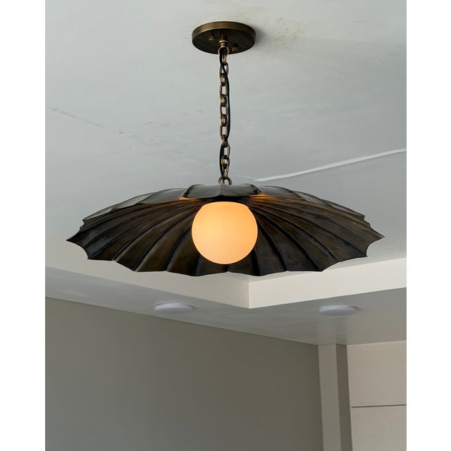 Metal Handcrafted Black Antique Brass Finish Pendant Light, Unique Brass Ceiling Light, Milk Glass Globe, Vintage Home Decor For Sale - Image 7 of 10