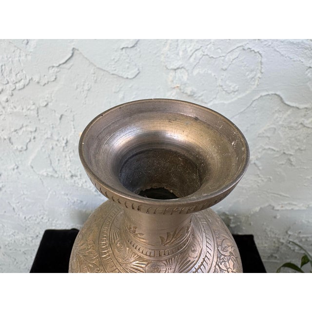 Brass Vintage Hand-Engraved Brass Vase With Floral Motifs, Middle Eastern / Indian Style 11.5” For Sale - Image 8 of 9