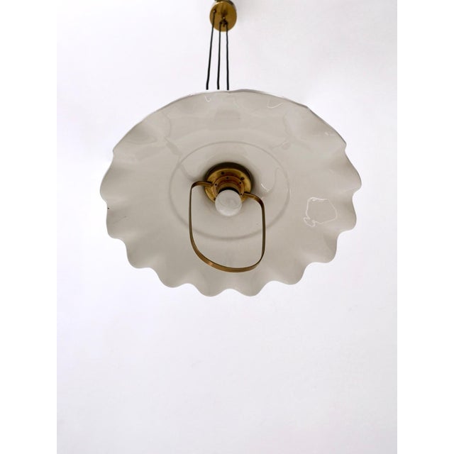Mid-Century Modern Adjustable Pendant Lamp in White Ceramic and Brass For Sale - Image 4 of 10