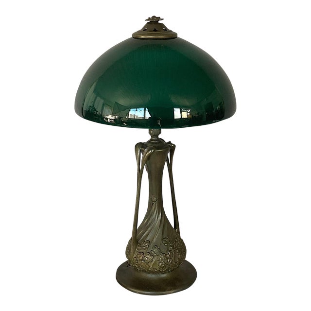 1910s Art Nouveau, Organic Design, Lamp With Large Cased Green Glass Shade, Tall and Special! For Sale